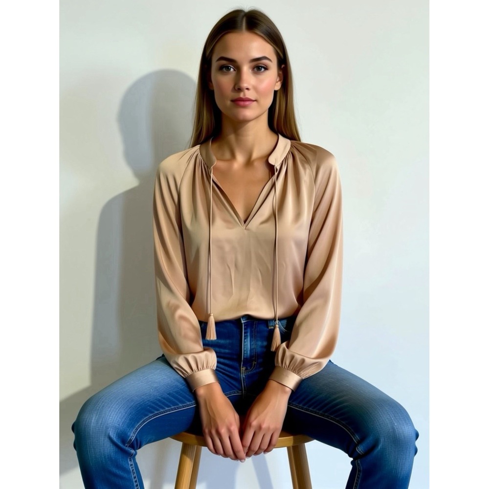 Derek Lam Io Crosby Size 8 Tan Silk Blouse Long Sleeve